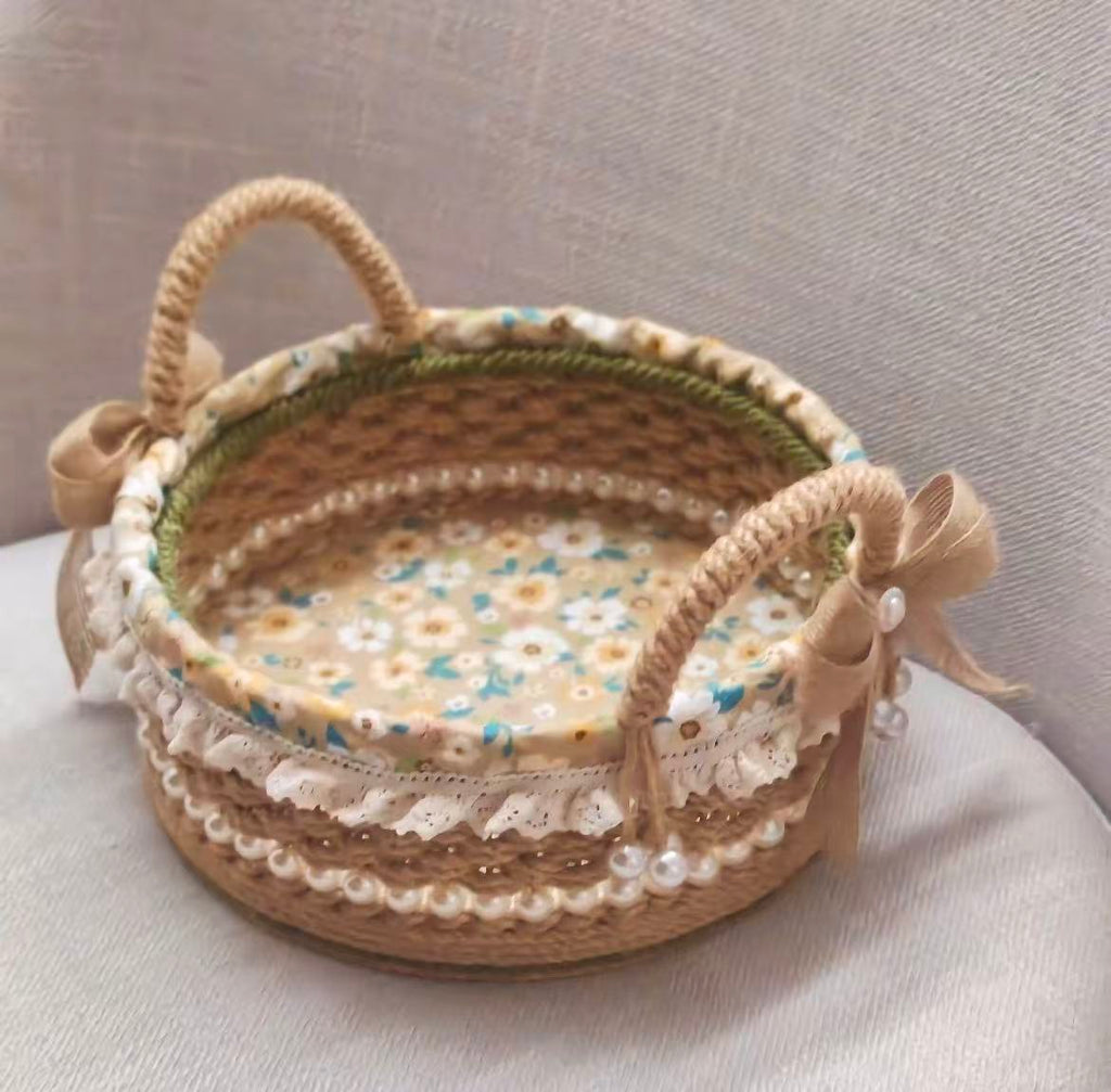Handwoven Jute Basket with Floral Lining & Pearl Trim