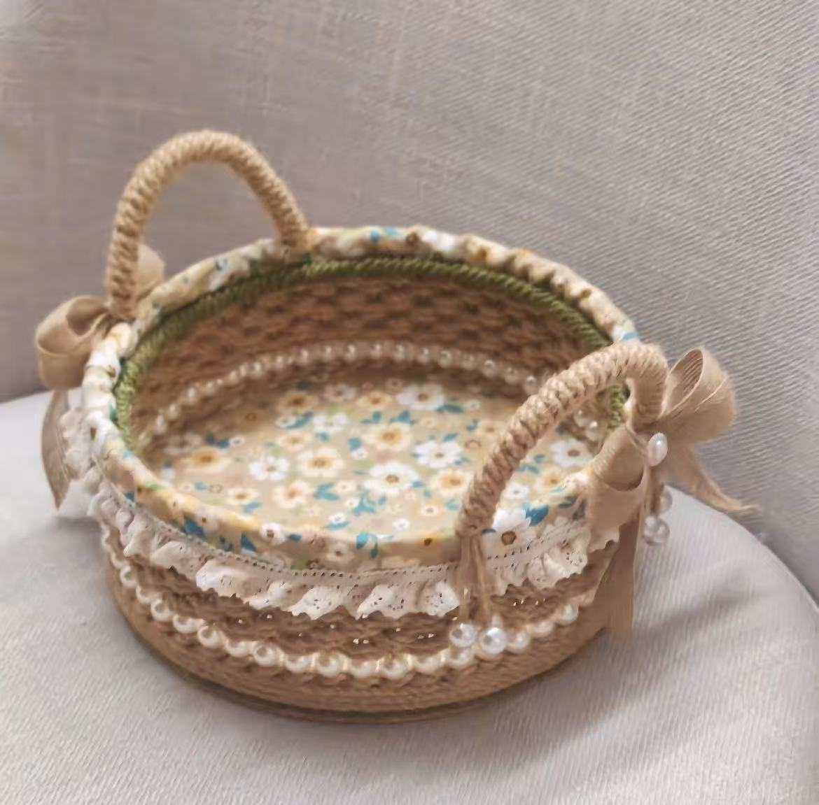 Handwoven Jute Basket with Floral Lining & Pearl Trim