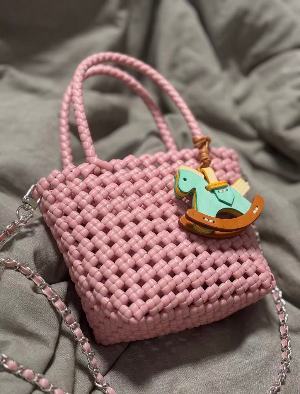 Pink Woven Mini Crossbody Bag