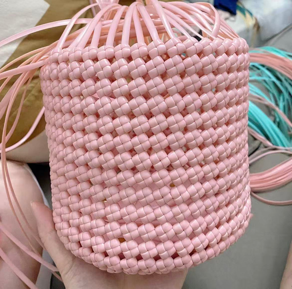 Pink Woven Bucket Bag with Pearl Chain Strap