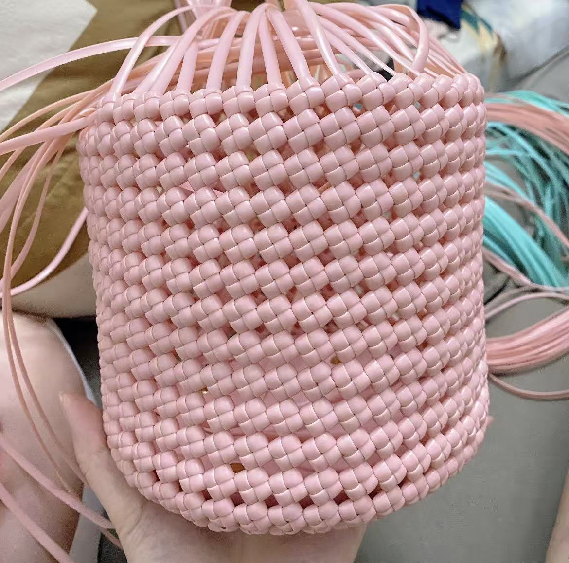 Pink Woven Bucket Bag with Pearl Chain Strap