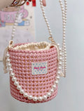Pink Woven Bucket Bag with Pearl Chain Strap
