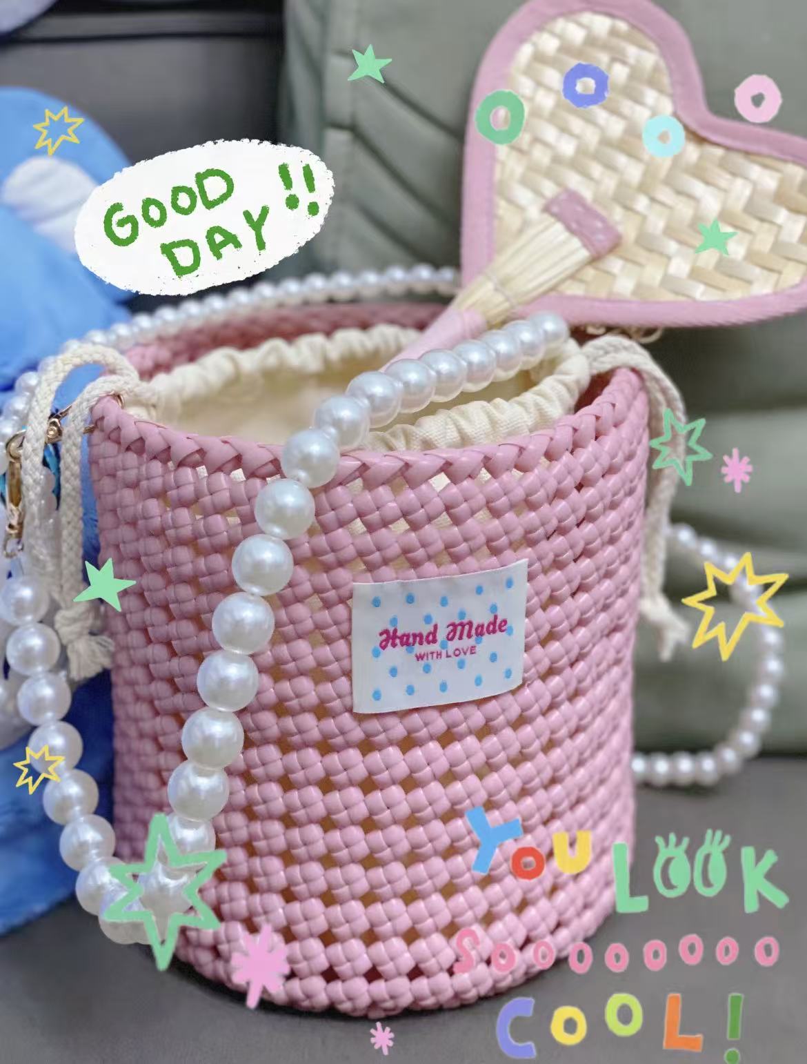 Pink Woven Bucket Bag with Pearl Chain Strap
