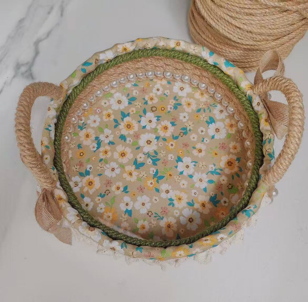 Handwoven Jute Basket with Floral Lining & Pearl Trim