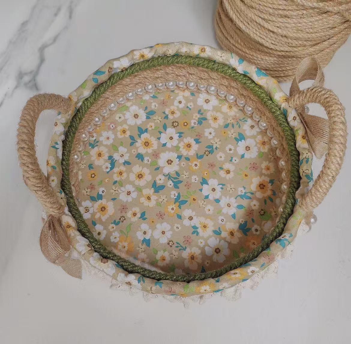 Handwoven Jute Basket with Floral Lining & Pearl Trim