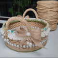 Handwoven Jute Basket with Floral Lining & Pearl Trim