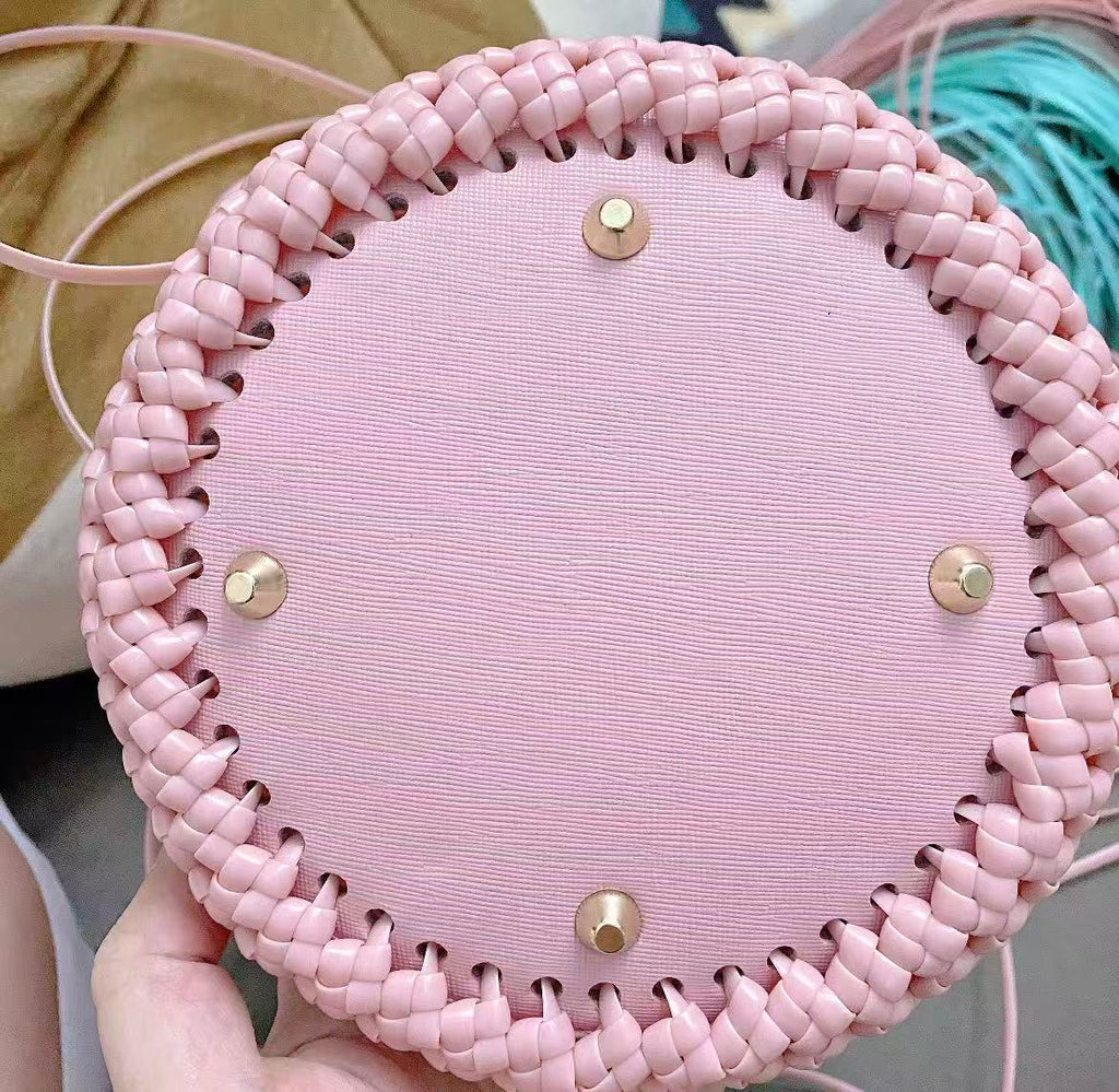 Pink Woven Bucket Bag with Pearl Chain Strap