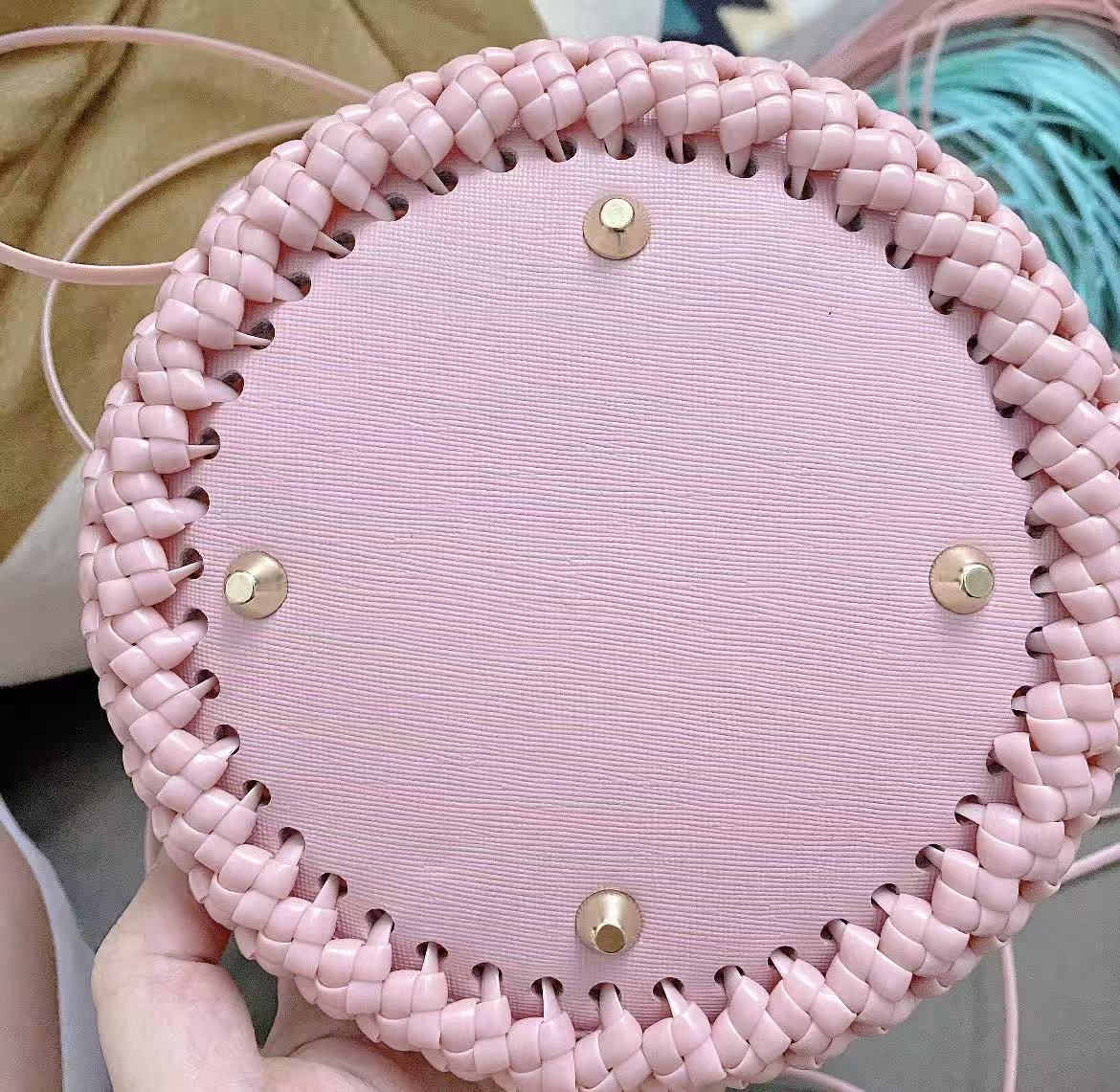 Pink Woven Bucket Bag with Pearl Chain Strap