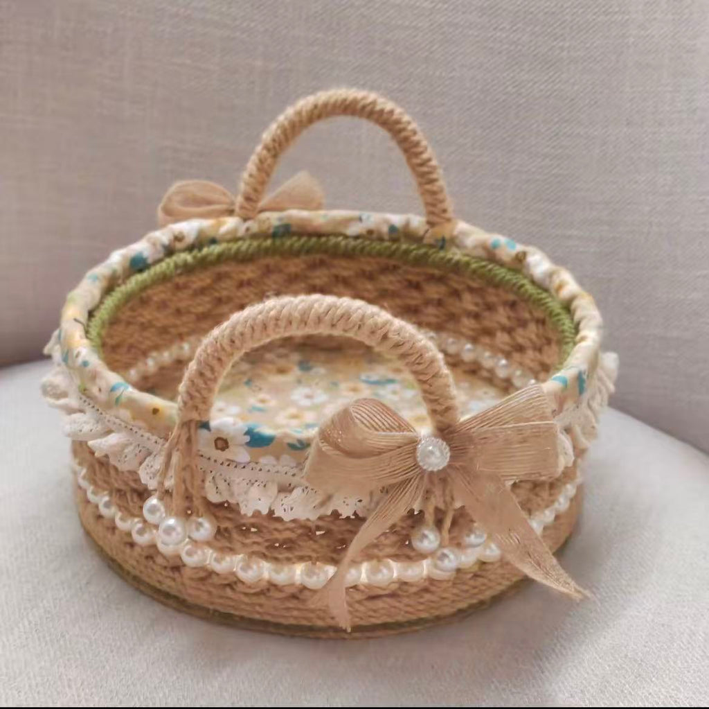 Handwoven Jute Basket with Floral Lining & Pearl Trim