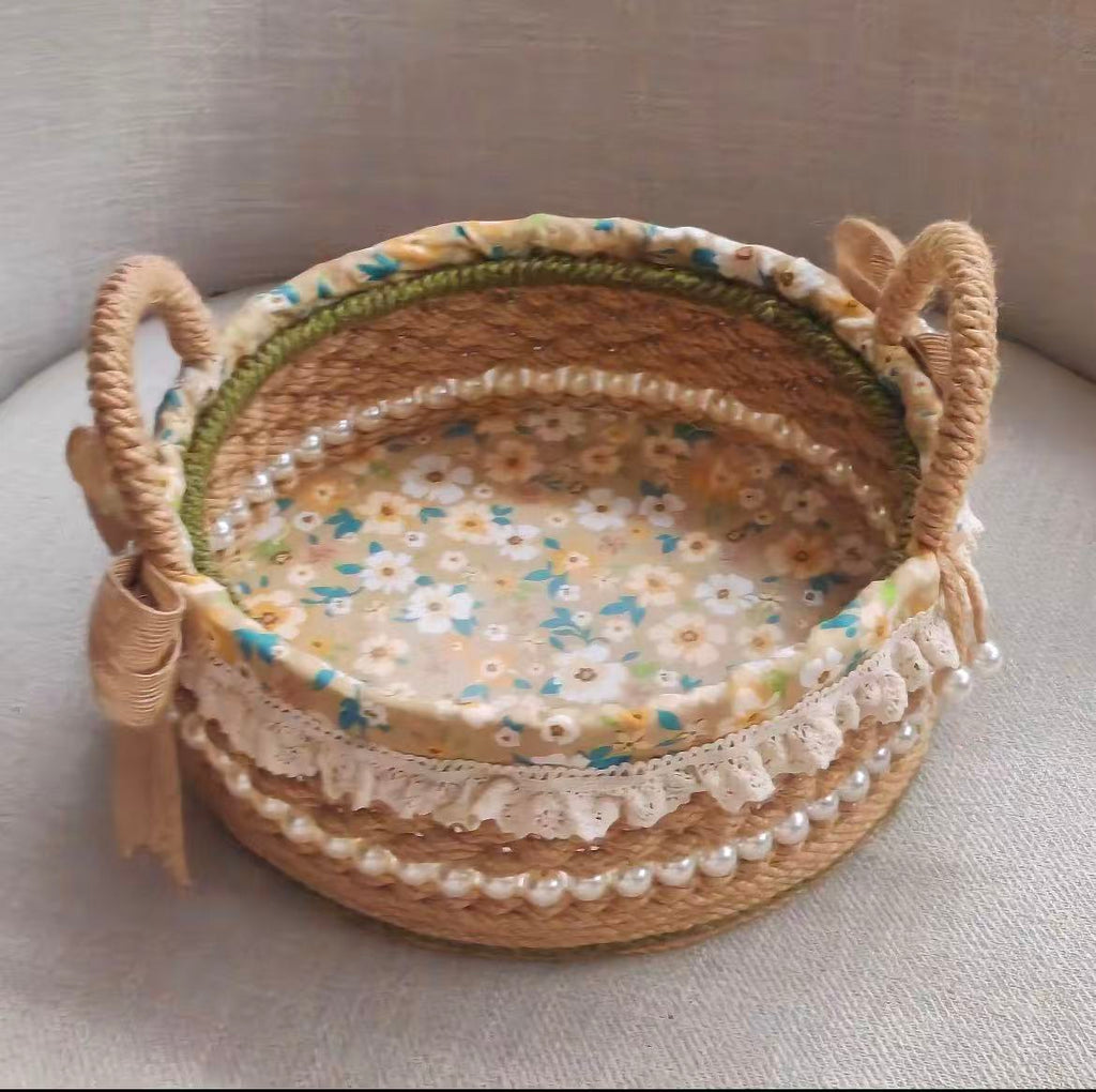 Handwoven Jute Basket with Floral Lining & Pearl Trim